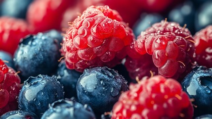 Fresh raspberries and blueberries with water droplets on their surface in close up view on a dark background