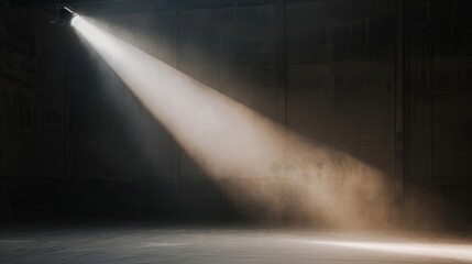 A powerful projector lights up a large warehouse space, creating beams in the evening atmosphere for an upcoming event