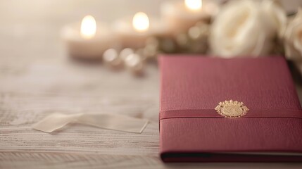 Royal wedding invitation placed on a wooden table near candles and flowers. The crest is embossed in gold color on the cover