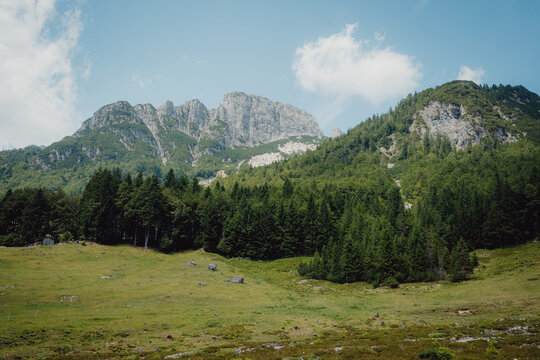 Blick &uuml;ber eine sanfte Bergwiese auf das Jerebica-Felsmassiv am Mangart-Pass