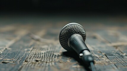 Musician lies on the stage floor after finishing a concert. A microphone rests close by on the wooden surface