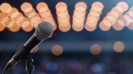 Thousands of people fill the arena as a microphone stands on stage, preparing for a live performance event