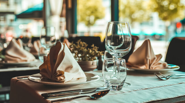 A table set for a meal with wine glasses napkins and silverware