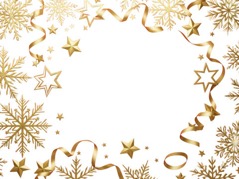 Golden winter frame with stars and snowflakes isolated on transparent background