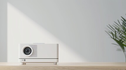 A white projector is positioned on a wooden table in a bright office setting