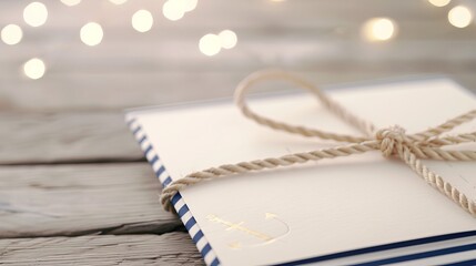 Wedding invitation displays anchors with twine on a wooden surface, illuminated by soft background lights creating a festive feel