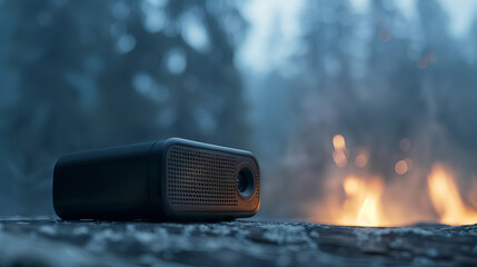 Mini projector shows a clear image onto a surface outdoors at night surrounded by trees and fire in the background