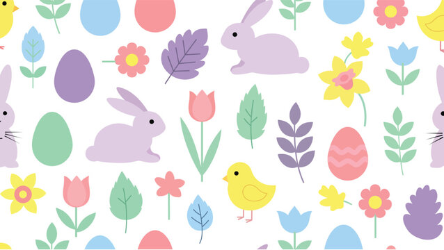 Cute easter bunnies and eggs seamless pattern background