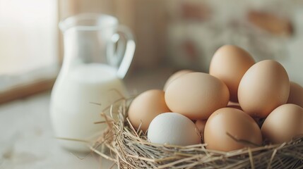 Fresh eggs placed in a straw basket sit next to a jug of milk on a kitchen counter with soft lighting coming from the window