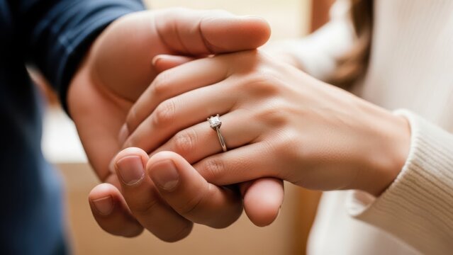Closeup of loving couple holding hands with engagement ring