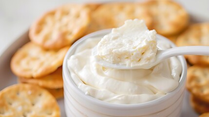 Creamy cheese spread is being applied to a crispy cracker on a plate in a kitchen during the day, ready for snacking