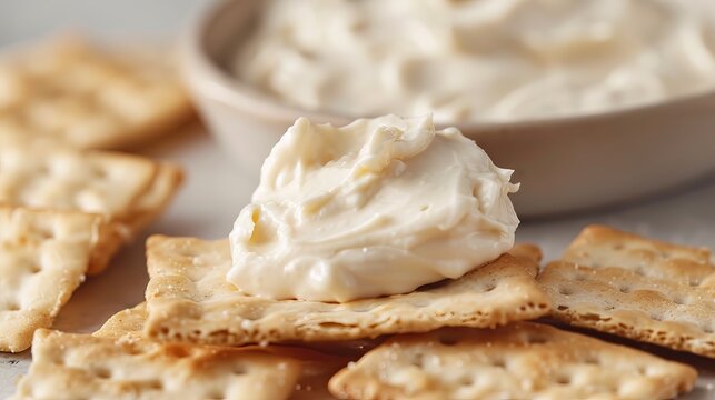 Someone spreads cheese spread on a cracker while sitting at a kitchen table with a bowl of cheese spread nearby