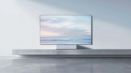 Fototapeta premium A projector sits on a shelf, showing a plain view of the sea on a blank wall in a well-lit room during the day