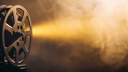 A film projector spins its reels and casts a warm light in a dark room during a movie night with friends and family