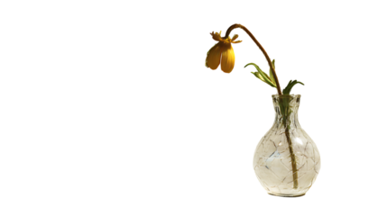 Wilted yellow flower in transparent vase isolated on a transparent background