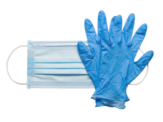 Face mask and gloves for protection isolated on transparent background