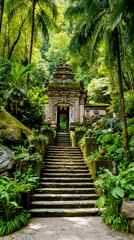 Fototapeta premium A stone staircase leading to a temple in a lush green forest