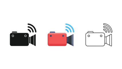 Collection of three wireless video camera icons representing streaming recording and live broadcast technology