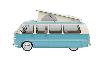 Classic blue campervan PNG isolated on transparent background, vintage Volkswagen bus for travel and camping, retro vehicle