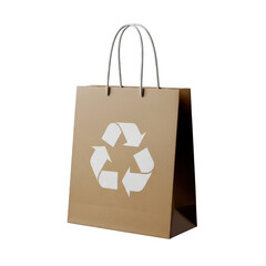 Brown paper shopping bag with recycling symbol isolated on transparent background