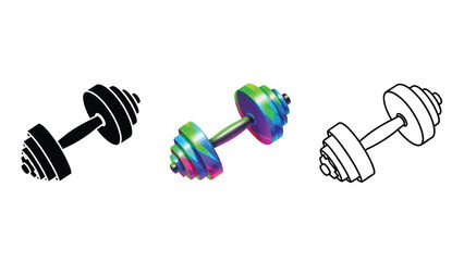 Collection of three distinct style dumbbell icons representing fitness training and muscle building exercises