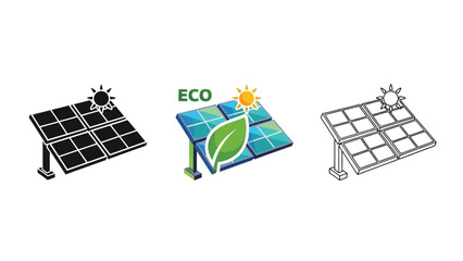 Collection of solar panel icons illustrating renewable energy concepts in various graphic styles