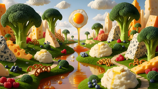 Fantasy landscape with broccoli trees cheese and fruits on green grass with a stream and blue sky