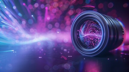 Micro projector displays augmented reality graphics that blend with colorful lights during a technology event showcasing visual effects