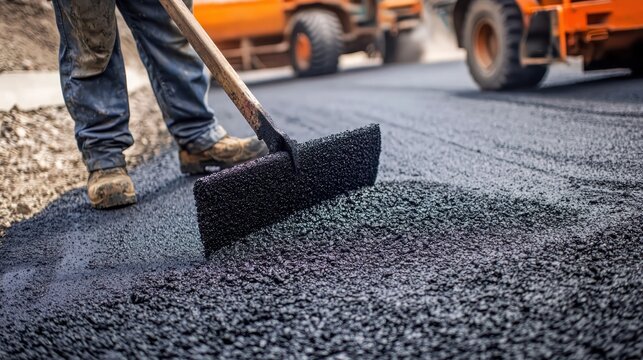 A construction worker using a broom to spread asphalt on a road. The worker is wearing a hard hat and safety vest. - Powered by Adobe
