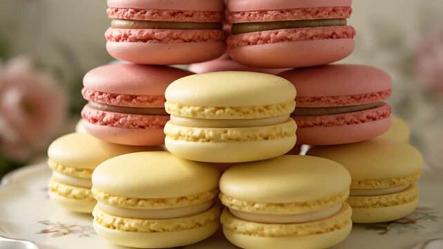 Macarons stacked in a colorful pyramid, featuring green, pink, and yellow delicate French desserts on an elegant cake stand. Perfect for gourmet bakery, sweet treats, party food, or culinary vlogs.