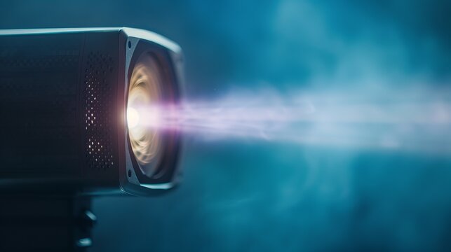 A cinema projector displays a film on a large IMAX screen in a theater as people enjoy the viewing experience during the evening