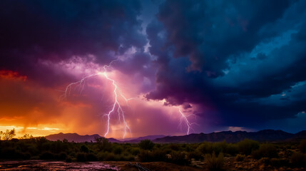 A dramatic sky filled with vibrant colors including purple pink and blue with multiple lightning bolts striking down set against a backdrop of a desert landscape
