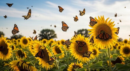 A serene field of sunflowers with monarch butterflies flying around them on a sunny day with clear blue sky