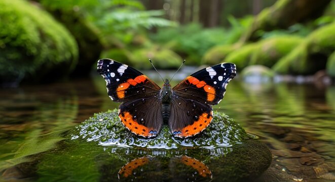 Butterfly with black orange wings resting on water surface surrounded by lush greenery in forest landscape viewed from straight above