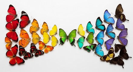 Naklejka premium Vibrant multicolored butterflies arranged in a rainbow gradient, showcasing diverse species, wings, and colors in a visually striking display