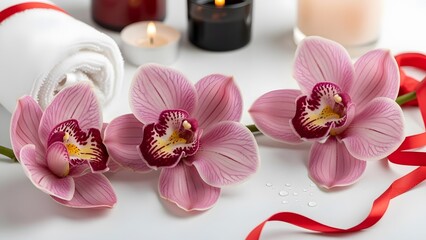 Close up arrangement spa display of delicate pink orchids with burning candles and a folded white towel on a bright white surface for relaxation