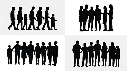 Collection of silhouettes of people standing and walking together in groups