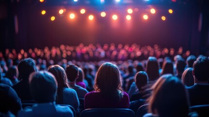 Audience watching a performance on stage with colorful lighting.