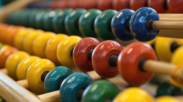 A colorful array of wooden beads on a wooden frame.