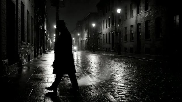 Silhouetted man in fedora and trench coat walks a dark, rainy, cobblestone city street at night in classic film noir style. Vintage cars pass, steam rises from grates, creating a mysterious,