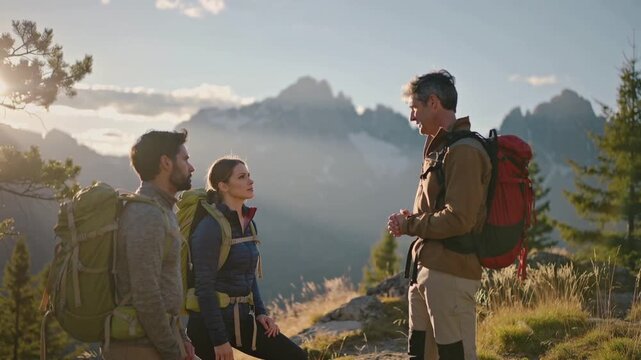 A mountain guide briefs a group of hikers before they continue their trek, sharing route guidance and safety details in a rugged outdoor setting, conveying preparation, leadership, and adventure.