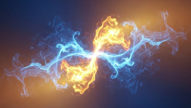 Dynamic energy wave collision with vibrant blue and orange glowing particles against a dark background. - Powered by Adobe