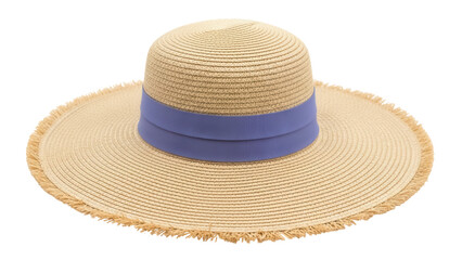 Elegant straw sun hat with blue ribbon isolated PNG, stylish summer headwear for beach vacation and sun protection on transparent background