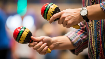 Person playing maracas with colorful striped shirt and watch