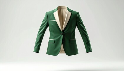 Emerald green blazer on mannequin with open front and pockets.