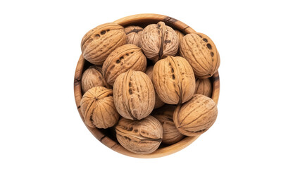 Bowl of walnuts PNG isolated on transparent background, healthy snack food with nutritious nuts for culinary and dietary use