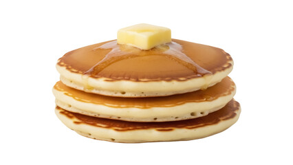 Stack of three pancakes with butter and syrup isolated PNG, breakfast food for brunch and dessert on transparent background