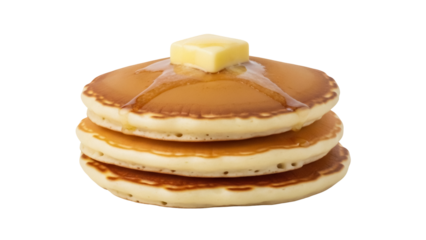 Stack of three pancakes with butter and syrup isolated PNG, breakfast food for brunch and dessert on transparent background