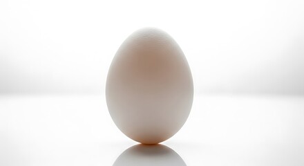 Single white egg standing upright on a reflective surface with a gradient background