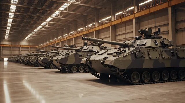 A long row of modern military tanks with camouflage patterns parked inside a vast industrial warehouse.